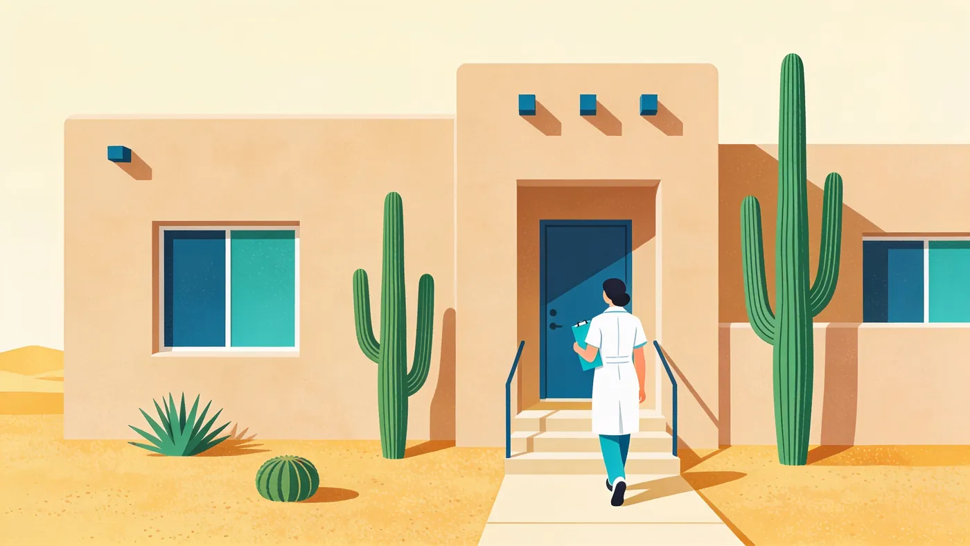 Una enfermera de cuidado a domicilio camina hacia una casa de estuco al estilo del suroeste con cactus altos