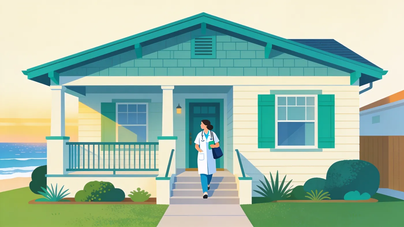 Una enfermera de cuidado a domicilio camina hacia un bungalow estilo craftsman cerca de la costa de California