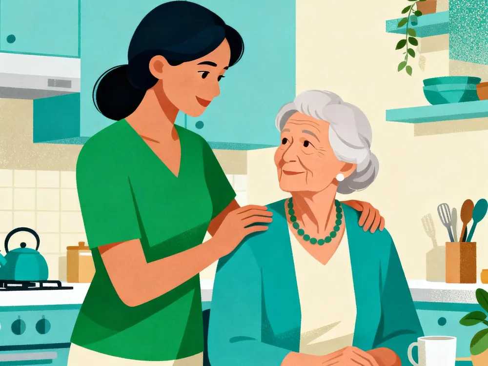 Una persona cuidadora conversa con cariño con una mujer mayor en la cocina de su casa